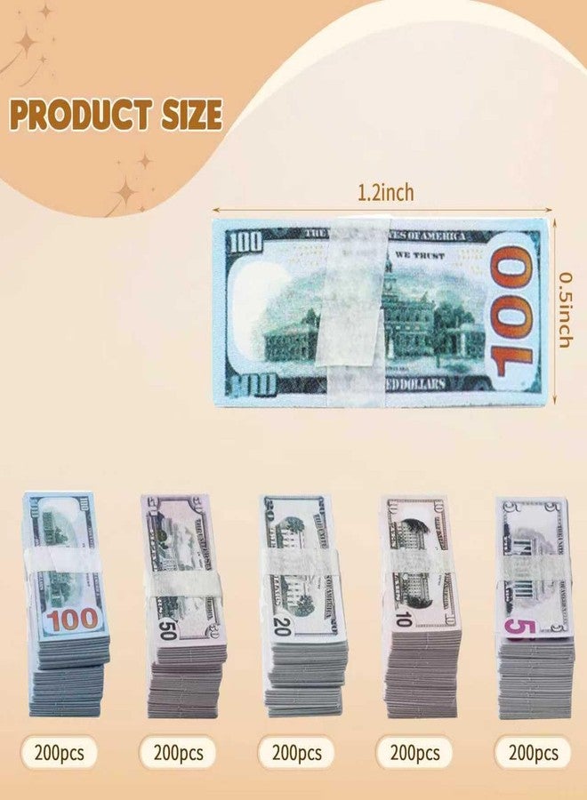 Clofiak 1:12 Miniature Scene Dollars 1000 Pcs Mini Dollar Mixed Denominations Fake Money Bills 5 &10 & 20 & 50 & 100 Dollar Bills Prop Money for Craft Decoration Dollhouse Scene Model Accessories - Image 4